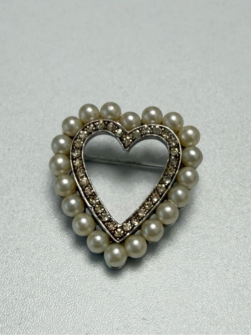 Trifari Heart-Shaped Pearl & Rhinestone Brooch - Cream, Silver